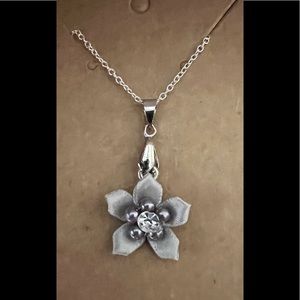 Beautiful gray ribbon flower necklace with sparkly center